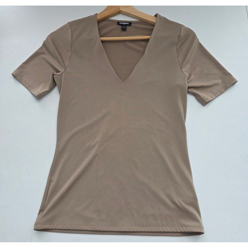 Express V-Neck Top Women Size S Taupe Good Short Sleeve Spandex Stretch Tee - Picture 6 of 10